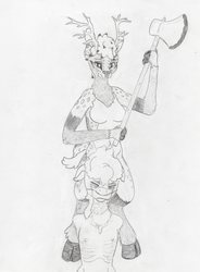 Size: 2898x3938 | Tagged: safe, artist:andandampersand, oc, oc only, oc:false promise, oc:sandy quinn, deer, anthro, unguligrade anthro, axe, breasts, cleave gag, crying, execution, furry, gag, grayscale, high res, imminent death, monochrome, out of character, traditional art, weapon, wip