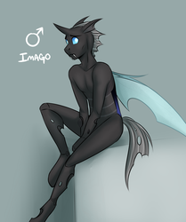 Size: 2123x2540 | Tagged: safe, artist:askbubblelee, oc, oc only, oc:imago, changeling, anthro, unguligrade anthro, changeling oc, fangs, high res, male, rule 63, simple background, sitting, solo, stallion