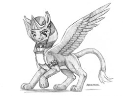 Size: 3072x2381 | Tagged: safe, artist:baron engel, the sphinx, sphinx, daring done?, g4, female, grayscale, high res, looking at you, monochrome, pencil drawing, raised paw, simple background, sketch, snarling, solo, traditional art, white background