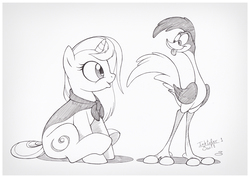 Size: 1188x845 | Tagged: safe, artist:sherwoodwhisper, oc, oc only, oc:eri, bird, pony, roadrunner, unicorn, crossover, female, filly, grayscale, inktober, inktober 2017, looney tunes, monochrome, open mouth, tongue out, warner brothers