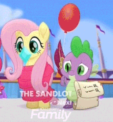 Size: 332x358 | Tagged: safe, screencap, fluttershy, pinkie pie, spike, dragon, pony, g4, my little pony: the movie, animated, balloon, balloon popping, cropped, cute, discovery family logo, eating, funny background event, gif, nudity, party balloon, red balloon, shyabetes, spikabetes, the sandlot, we don't normally wear clothes
