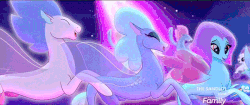 Size: 600x252 | Tagged: safe, screencap, salina blue, spike, fish, puffer fish, seapony (g4), g4, my little pony: the movie, animated, background sea pony, bubble, clothes, commercial, conga, conga line, cowboy hat, crepuscular rays, cropped, dancing, discovery family, discovery family logo, dorsal fin, eyelashes, eyes closed, fan, female, fin, fin wings, fins, fish tail, flowing mane, flowing tail, gif, glowing, hat, horn, hug, logo, male, mare, ocean, one small thing, open mouth, open smile, scales, seaponified, seaquestria, see-through, smiling, species swap, spike the pufferfish, swimming, tail, teeth, underwater, water, wings