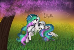 Size: 2560x1732 | Tagged: safe, artist:ksupav, princess celestia, oc, oc:light knight, alicorn, pegasus, pony, g4, canon x oc, grass, lightestia, lying down, lying on top of someone, pegasus oc, shipping, tree