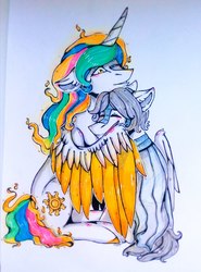 Size: 947x1280 | Tagged: artist needed, source needed, safe, daybreaker, princess celestia, oc, oc:light knight, alicorn, pegasus, pony, g4, canon x oc, hug, lightestia, traditional art, winghug