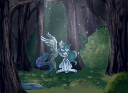 Size: 1300x940 | Tagged: artist needed, source needed, safe, princess celestia, oc, oc:light knight, alicorn, pegasus, pony, g4, duo, forest, lightestia