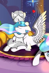 Size: 607x911 | Tagged: artist needed, source needed, safe, princess celestia, oc, oc:light knight, alicorn, pegasus, pony, g4, canon x oc, cuddling, duo, eyes closed, floating heart, heart, lightestia