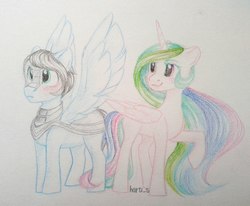 Size: 1783x1466 | Tagged: safe, artist:haru_s, princess celestia, oc, oc:light knight, alicorn, pegasus, pony, g4, blushing, canon x oc, lightestia, pegasus oc, traditional art