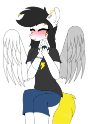 Size: 2014x2780 | Tagged: safe, artist:tomboygirl45, oc, oc only, oc:stormy, pegasus, anthro, blushing, eating, female, food, high res, mare, onigiri, simple background, solo, transparent background
