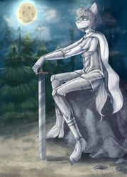 Size: 1543x2160 | Tagged: artist needed, safe, oc, oc only, oc:light knight, anthro, armor, forest, moon, night, solo, sword, weapon