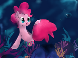 Size: 2048x1536 | Tagged: safe, artist:pinkflutter, pinkie pie, earth pony, seapony (g4), g4, my little pony: the movie, bubble, coral, cute, diapinkes, dorsal fin, female, fin, fish tail, flowing mane, flowing tail, mare, ocean, open mouth, open smile, seaponified, seapony pinkie pie, seaquestria, seaweed, smiling, solo, species swap, swimming, tail, underwater, water