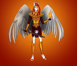 Size: 1276x1080 | Tagged: artist needed, safe, oc, oc only, oc:king phoenix, anthro, fire, gradient background, solo, sword, weapon