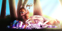 Size: 1200x602 | Tagged: safe, artist:creepymercfun, princess celestia, oc, oc:king mirael, deer, g4, deer oc, doe, female, flower, flower in hair, hoof shoes, looking at each other, male, miraestia, multicolored mane, on back, romantic, smiling, species swap