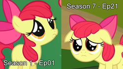 Size: 1280x720 | Tagged: safe, edit, edited screencap, screencap, apple bloom, earth pony, pony, friendship is magic, g4, marks and recreation, season 1, season 7, adorabloom, aren't ya gonna stay for brunch, aren't you gonna stay for a brunch?, comparison, cute, female, filly, floppy ears, foal, puppy dog eyes, puppy dog pout, sad