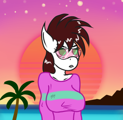 Size: 889x866 | Tagged: safe, artist:astardragon, oc, oc only, oc:skorpionletun, anthro, 80's fashion, 80s, aesthetics, anthro oc, beach, breasts, clothes, female, glasses, new retro wave, ocean, rule 63, shirt, solo, sun, t-shirt