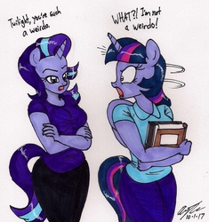 Size: 1228x1306 | Tagged: safe, artist:newyorkx3, starlight glimmer, twilight sparkle, alicorn, unicorn, anthro, g4, angry, book, crossed arms, dialogue, duo, female, traditional art, twilight sparkle (alicorn), weirdo