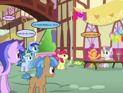 Size: 959x720 | Tagged: safe, edit, edited screencap, editor:korora, screencap, apple bloom, minuette, scootaloo, sea swirl, seafoam, skeedaddle, sweetie belle, earth pony, pony, g4, marks and recreation, balloon, cropped, ponyville, speech bubble, text