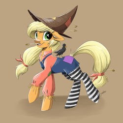 Size: 4093x4093 | Tagged: safe, artist:faline-art, applejack, bird, earth pony, pony, g4, absurd resolution, blackbird, clothes, costume, female, hat, mare, nightmare night, nightmare night costume, scarecrow, socks, solo, straw, striped socks