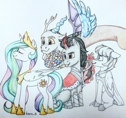 Size: 1439x1353 | Tagged: safe, artist:haru_s, discord, king sombra, princess celestia, oc, oc:light knight, alicorn, draconequus, pegasus, pony, unicorn, g4, female, lightestia, male, ship:celestibra, ship:dislestia, shipping, sitting, straight, traditional art