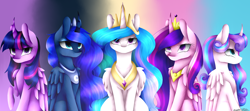 Size: 2600x1152 | Tagged: safe, artist:purediamond360, princess cadance, princess celestia, princess flurry heart, princess luna, twilight sparkle, alicorn, pony, g4, alicorn pentarchy, curved horn, horn, older, sitting, twilight sparkle (alicorn)