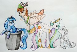 Size: 1943x1322 | Tagged: safe, artist:haru_s, princess celestia, princess luna, oc, oc:king mirael, oc:light knight, alicorn, pegasus, pony, g4, armor, female, lightestia, male, mare, miraestia, miruna, one eye closed, shipping, stallion, straight, traditional art, trash can, wink