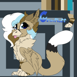 Size: 2560x2560 | Tagged: safe, artist:brokensilence, oc, oc only, oc:grimfluff, griffon, :p, abstract background, cheek fluff, chest fluff, cute, ear fluff, eyeshadow, female, freckles, griffonsona, heart eyes, high res, looking at you, makeup, paws, reference sheet, silly, sitting, smiling, solo, talons, tongue out, wing fluff, wingding eyes