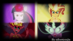 Size: 1920x1080 | Tagged: safe, artist:edisonyeejia, edit, edited screencap, screencap, sci-twi, sunset shimmer, twilight sparkle, equestria girls, g4, my little pony equestria girls, my little pony equestria girls: friendship games, black background, comparison, contrast, daydream shimmer, equestria's monster girls, midnight sparkle, midnightsatan, open mouth, simple background, sunset satan, transformation