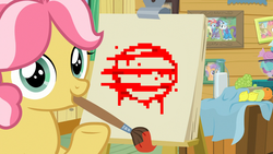 Size: 1024x576 | Tagged: safe, edit, edited screencap, screencap, applejack, kettle corn, rainbow dash, rarity, tender taps, earth pony, pony, g4, marks and recreation, 50 blessings, babs see, female, filly, hotline miami, kettle draws, mouth hold, solo