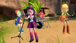 Size: 1920x1080 | Tagged: safe, artist:fivefreddy, applejack, pinkie pie, rainbow dash, twilight sparkle, equestria girls, g4, 3d, drum kit, drums, gmod, guitar, kitty0706, microphone, musical instrument, outset island, reference, the legend of zelda, the legend of zelda: the wind waker, twilight sparkle (alicorn)