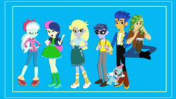 Size: 1393x785 | Tagged: safe, artist:marrabo, bon bon, derpy hooves, flash sentry, lyra heartstrings, micro chips, sandalwood, sweetie drops, equestria girls, g4, alternate mane six