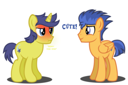 Size: 2126x1417 | Tagged: safe, artist:stellardusk, comet tail, flash sentry, pegasus, pony, unicorn, g4, alternate hairstyle, blushing, cometsentry, crack shipping, flashtail, gay, male, shipping, simple background, transparent background, vector