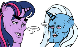 Size: 859x527 | Tagged: safe, artist:dekomaru, edit, trixie, twilight sparkle, g4, faic, female, handsome face, handsome squidward, lesbian, majestic as fuck, meme, ship:twixie, shipping, spongebob squarepants, the two faces of squidward, wat