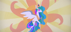 Size: 2131x956 | Tagged: safe, screencap, princess celestia, alicorn, pony, g4, my little pony: the movie, crown, cutie mark, end credits, female, jewelry, mare, multicolored mane, multicolored tail, pointy ponies, praise the sun, purple eyes, regalia, royalty, smiling, solo, spread wings, sun, tiara