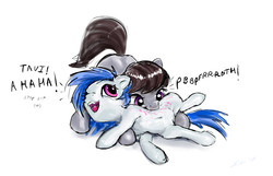 Size: 1852x1192 | Tagged: safe, artist:xbi, dj pon-3, octavia melody, vinyl scratch, earth pony, pony, unicorn, g4, belly button, female, lesbian, mare, ship:scratchtavia, shipping, sketch, tickling, tummy buzz