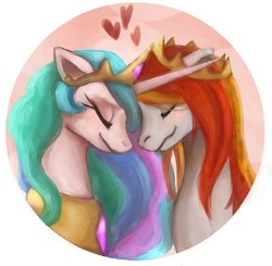 Size: 716x702 | Tagged: artist needed, safe, princess celestia, oc, oc:king phoenix, pony, g4, canon x oc, celenix, duo, eyes closed, female, heart, male, shipping, smiling, straight