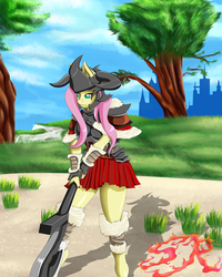 Size: 4800x6000 | Tagged: safe, artist:swiftriff, fluttershy, anthro, g4, absurd resolution, armor, axe, clothes, crossover, female, final fantasy, final fantasy xiv, skirt, solo, warrior, weapon
