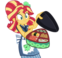 Size: 3070x2870 | Tagged: safe, artist:keronianniroro, sunset shimmer, equestria girls, g4, good vibes, my little pony equestria girls: summertime shorts, apron, bento, clothes, female, food, happi, high res, rice, simple background, smiling, solo, sunset sushi, sushi, transparent background, uniform