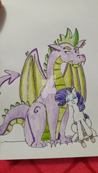 Size: 1024x1820 | Tagged: safe, artist:dubudrops, rarity, spike, dragon, g4, female, male, older, older spike, ship:sparity, shipping, straight, traditional art, watermark, winged spike, wings