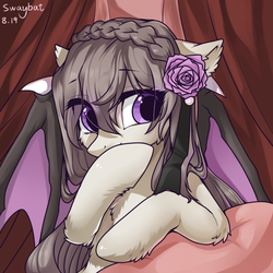 Size: 1000x1000 | Tagged: safe, artist:swaybat, oc, oc only, bat pony, pony, bat pony oc, bat wings, bust, cheek fluff, chest fluff, colored wings, covering mouth, digital art, ear fluff, eye clipping through hair, female, floppy ears, flower, flower in hair, happy, leg fluff, mare, signature, solo, spread wings, wing claws, wings