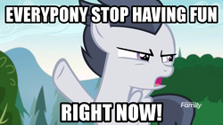 Size: 960x540 | Tagged: safe, edit, edited screencap, screencap, rumble, pegasus, pony, g4, marks and recreation, colt, discovery family logo, frown, glare, image macro, male, meme, no fun allowed, open mouth, raised hoof, solo