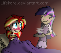Size: 1024x907 | Tagged: safe, artist:lifekore, sunset shimmer, twilight sparkle, equestria girls, g4, bed, bindi, blushing, caring for the sick, clothes, dark skin, eyes closed, female, food, human coloration, lesbian, pajamas, ship:sunsetsparkle, shipping, sick, smiling, soup