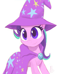 Size: 726x900 | Tagged: safe, artist:grissaecrim, starlight glimmer, pony, unicorn, g4, accessory swap, cape, clothes, cute, female, glimmerbetes, hat, looking at you, mare, simple background, smiling, smiling at you, solo, trixie's cape, trixie's hat, white background