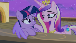Size: 1920x1080 | Tagged: safe, screencap, princess cadance, twilight sparkle, alicorn, pony, g4, once upon a zeppelin, airship, colored wings, duo, frown, hug, sisters-in-law, smiling, twilight sparkle (alicorn), winghug, wings, zeppelin