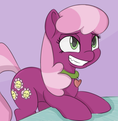 Size: 800x822 | Tagged: safe, artist:treekickerdraws, cheerilee, earth pony, pony, g4, collar, female, grin, lidded eyes, looking up, mare, smiling, solo