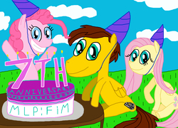 Size: 3306x2376 | Tagged: safe, artist:sb1991, fluttershy, pinkie pie, oc, oc:film reel, pony, anniversary, anniversary art, birthday candles, cake, candle, cloud, food, grass, happy birthday mlp:fim, hat, mlp fim's seventh anniversary, party hat, plate, table