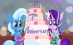Size: 3853x2425 | Tagged: safe, artist:dragonpone, derpibooru exclusive, starlight glimmer, trixie, pony, unicorn, :t, anniversary, apron, bipedal, bowl, cake, candle, cheek fluff, chest fluff, clothes, confused, cute, dialogue, diatrixes, duo, ear fluff, eating, female, flour, flower, food, frosting, glimmerbetes, great and powerful, happy birthday mlp:fim, high res, implied mane seven, kiss the cook, mare, messy, mlp fim's seventh anniversary, open mouth, puffy cheeks, question mark, smiling, weapons-grade cute