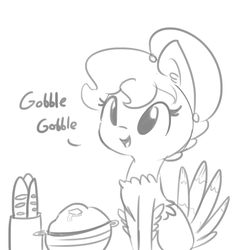 Size: 1075x1075 | Tagged: safe, artist:tjpones, oc, oc only, oc:brownie bun, turkey, horse wife, baguette, behaving like a bird, bread, clothes, costume, cute, dialogue, ear fluff, food, grayscale, holiday, monochrome, ocbetes, simple background, sitting, solo, thanksgiving, turkey costume, white background