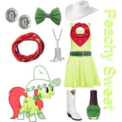 Size: 600x600 | Tagged: safe, peachy sweet, earth pony, pony, g4, apple family member, background pony, boots, bow, clothes, cosplay, costume, cowboy boots, cowboy hat, dress, female, hair bow, hat, jewelry, mare, neckerchief, necklace, shoes, simple background, white background