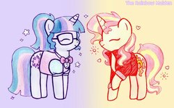 Size: 1024x640 | Tagged: safe, artist:therainbowmaiden, sci-twi, sunset shimmer, twilight sparkle, pony, unicorn, equestria girls, g4, clothes, cute, equestria girls outfit, equestria girls ponified, eyes closed, female, glasses, lesbian, ponified, shimmerbetes, ship:sci-twishimmer, ship:sunsetsparkle, shipping, smiling, traditional art, twiabetes, unicorn sci-twi