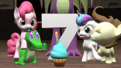 Size: 1280x720 | Tagged: safe, artist:red4567, gummy, pinkie pie, pound cake, princess flurry heart, spike, dragon, pony, g4, 3d, 7, baby, baby pony, candle, cupcake, cute, diapinkes, female, food, happy birthday mlp:fim, kissing, male, mlp fim's seventh anniversary, older, older spike, pacifier, pinkie pie riding gummy, ponies riding gators, riding, ship:poundflurry, shipping, source filmmaker, straight, winged spike, wings