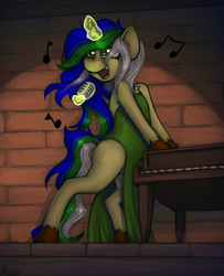 Size: 1525x1881 | Tagged: safe, artist:marsminer, oc, oc only, oc:green hoof, pony, unicorn, bipedal, bipedal leaning, chest fluff, clothes, dress, female, leaning, magic, microphone, music notes, musical instrument, performance, piano, signature, singing, solo, telekinesis